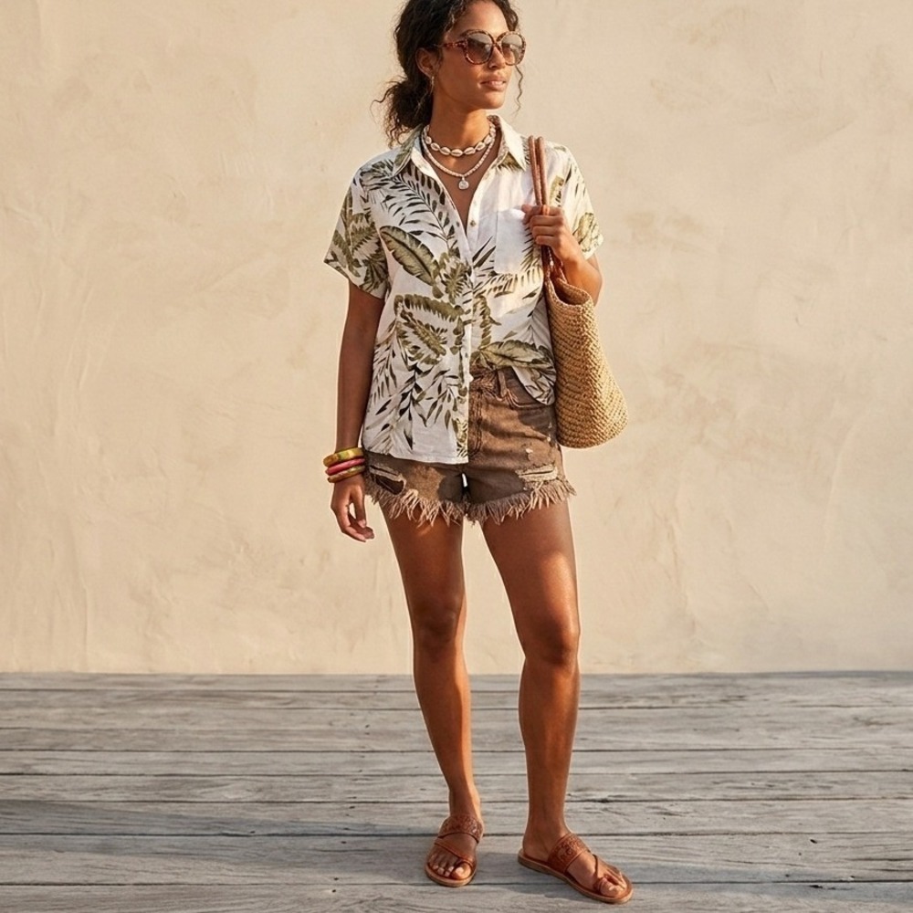 C&C California Tropical Leaf Print Linen Button-Down Shirt Sz M Resort Vacation
